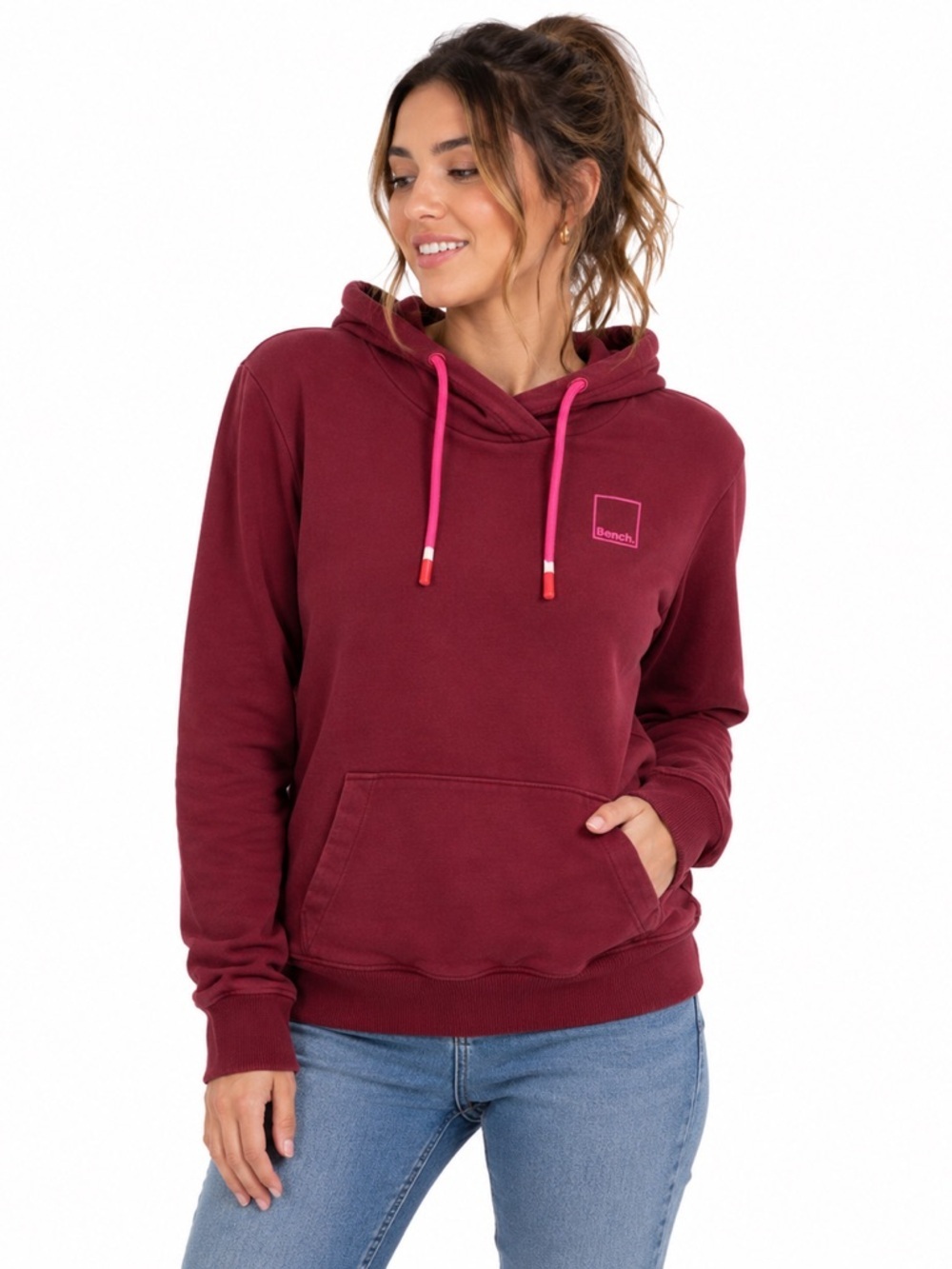 BENCH Women's Red Maroon Call Out Long Sleeved Hooded Sweatshirt Size Me…